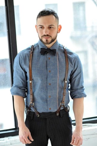 Men's Black Vertical Striped Dress Pants, Black Bow-tie, Blue Chambray Longsleeve Shirt, and Brown Leather Suspenders